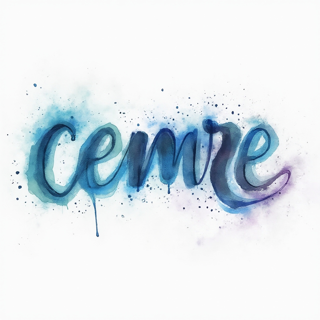 Watercolor tattoo concept of the name cemre formed by flowing ink letters and colorful splashes on a white background
