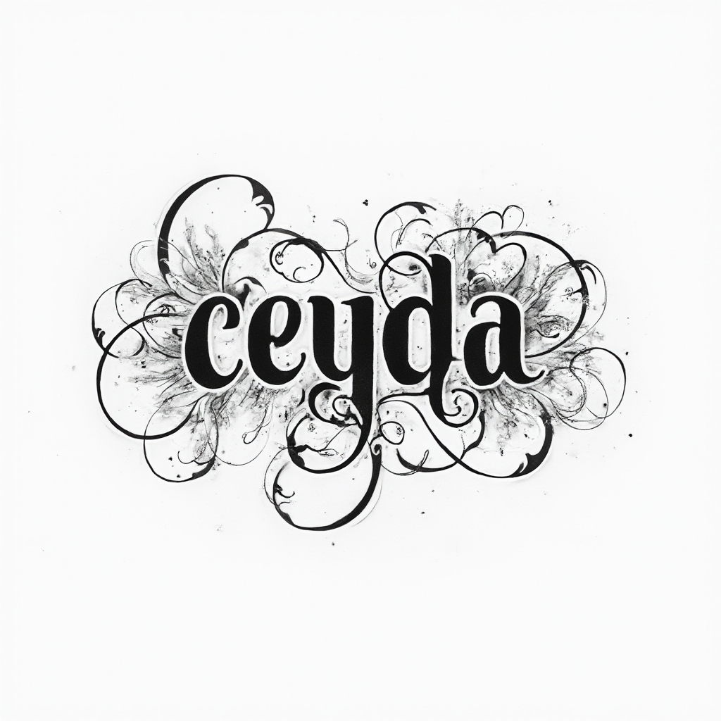 Flowing ornamental line tattoo design where loops and curves form the name ceyda on white background