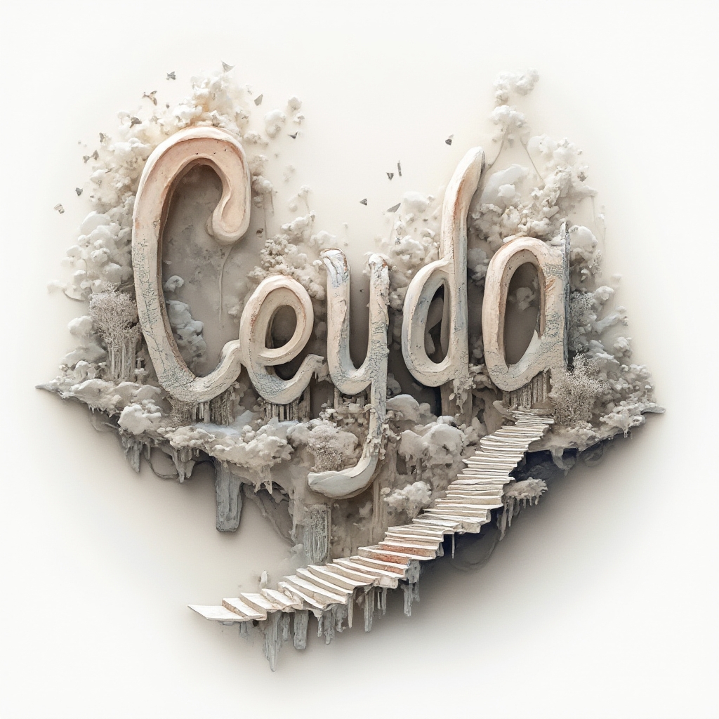Surreal dreamscape tattoo design where surreal shapes form the name ceyda on white background
