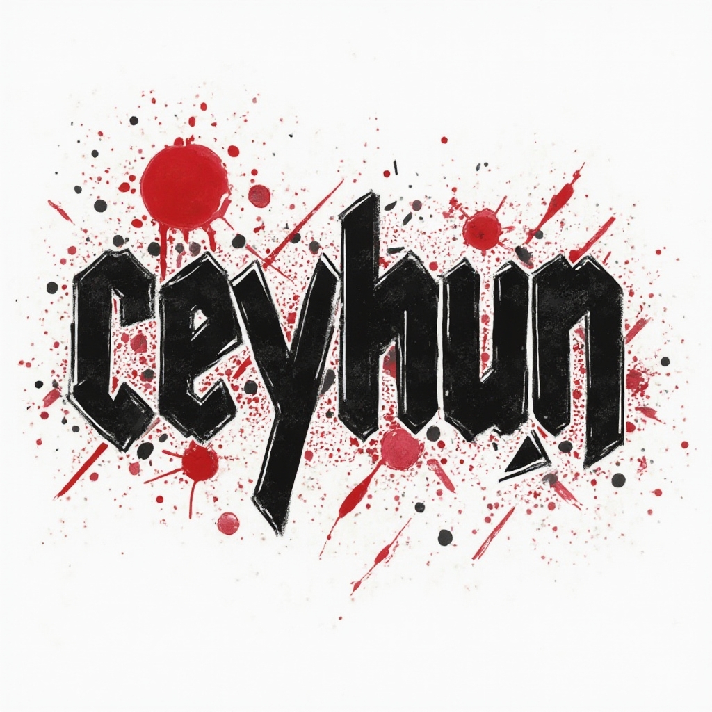 Trash Polka style tattoo concept where the name ceyhun is built from bold black strokes and red splashes on a white background.