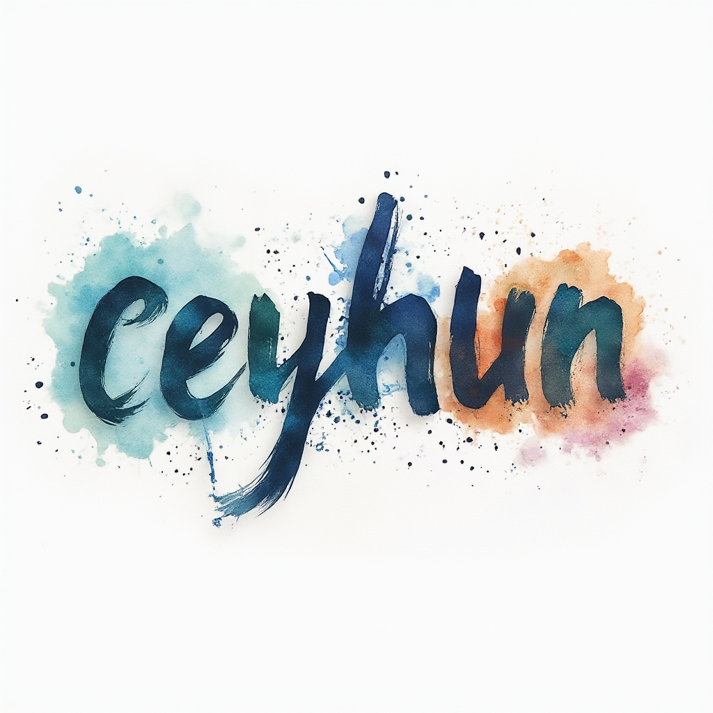 Watercolor tattoo concept where the name ceyhun is formed from colorful flowing brushstroke letters on a white background.