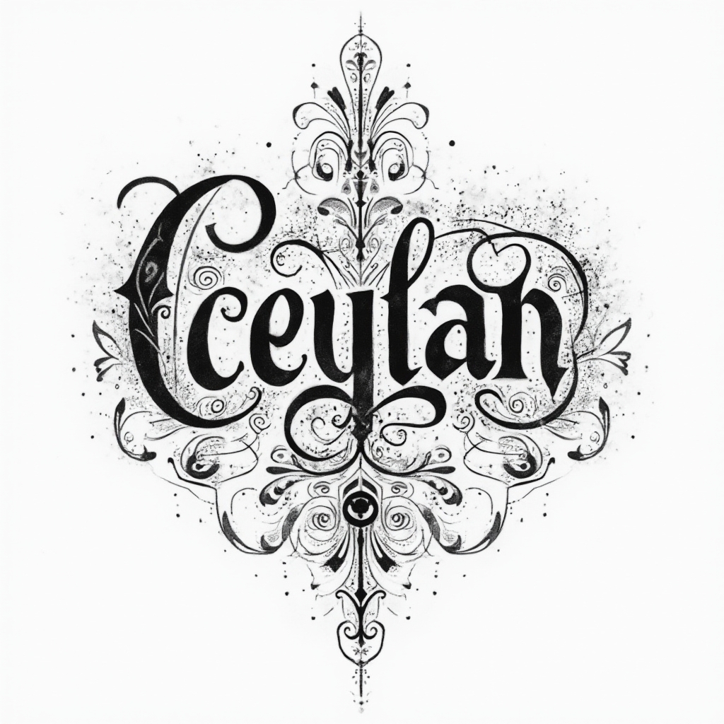 Ornamental emblem tattoo design forming the name ceylan in stylized black linework on white background