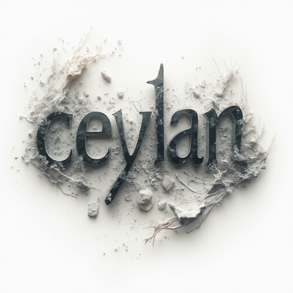Surreal dreamscape tattoo design forming the name ceylan with melting and floating elements on white background