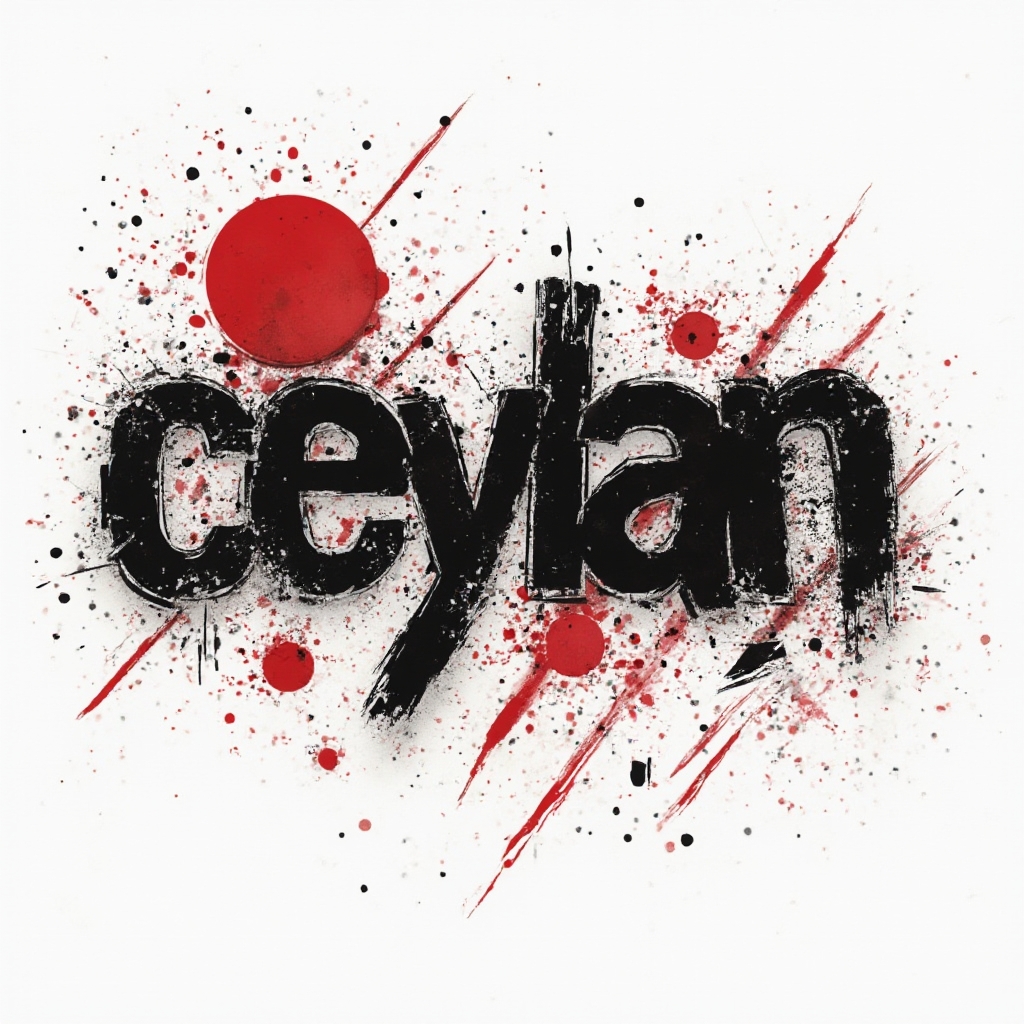 Trash Polka style tattoo design of the name ceylan with black strokes and red splashes on white background