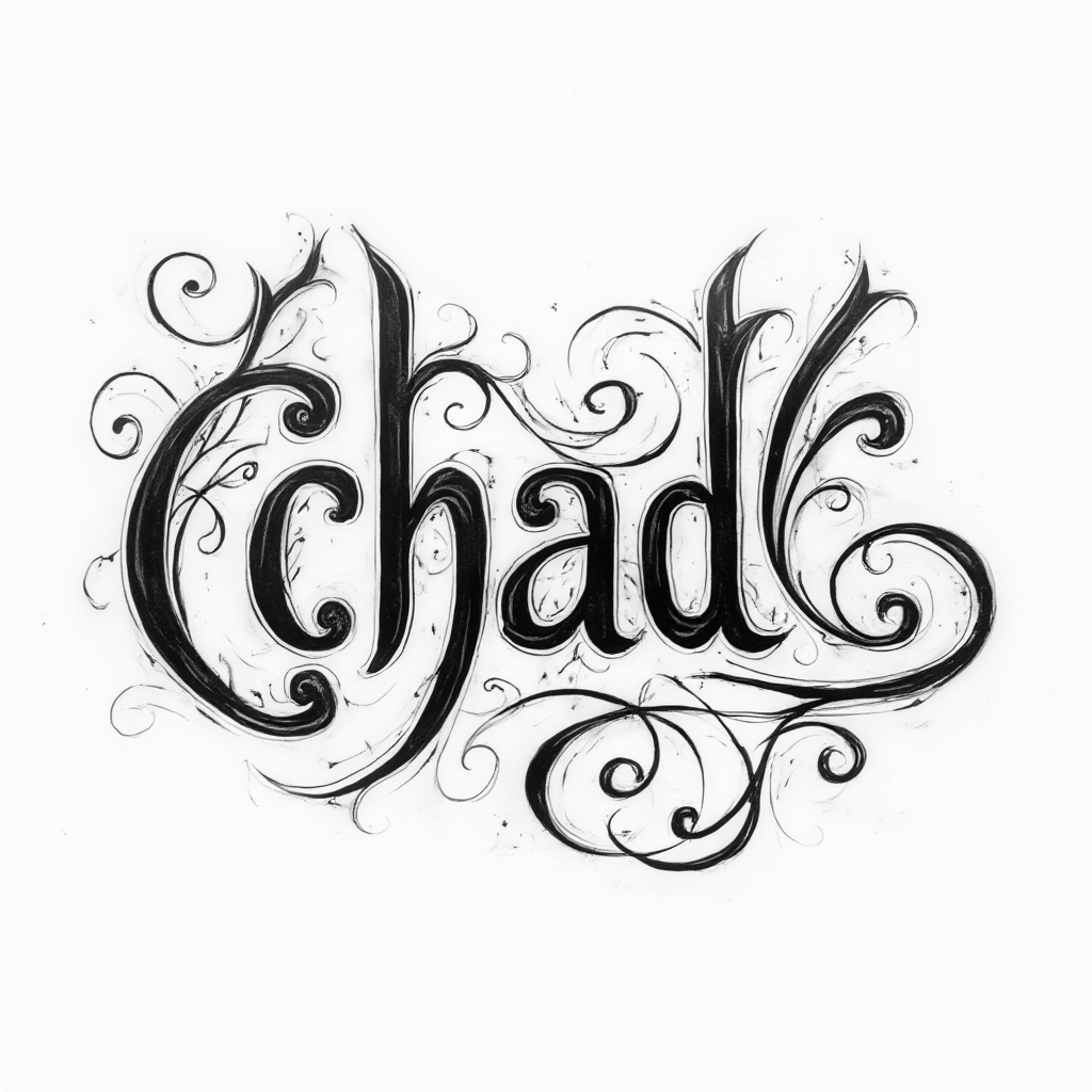 Ornamental black ink tattoo design of the name chad with flowing flourishes on white background