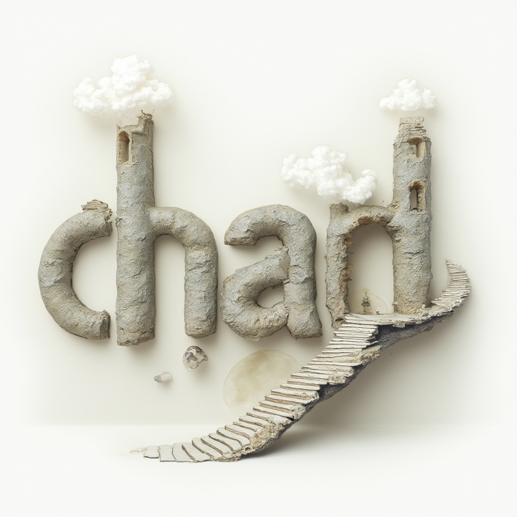 Surreal dreamscape tattoo design where the letters of chad become impossible architectural forms on white