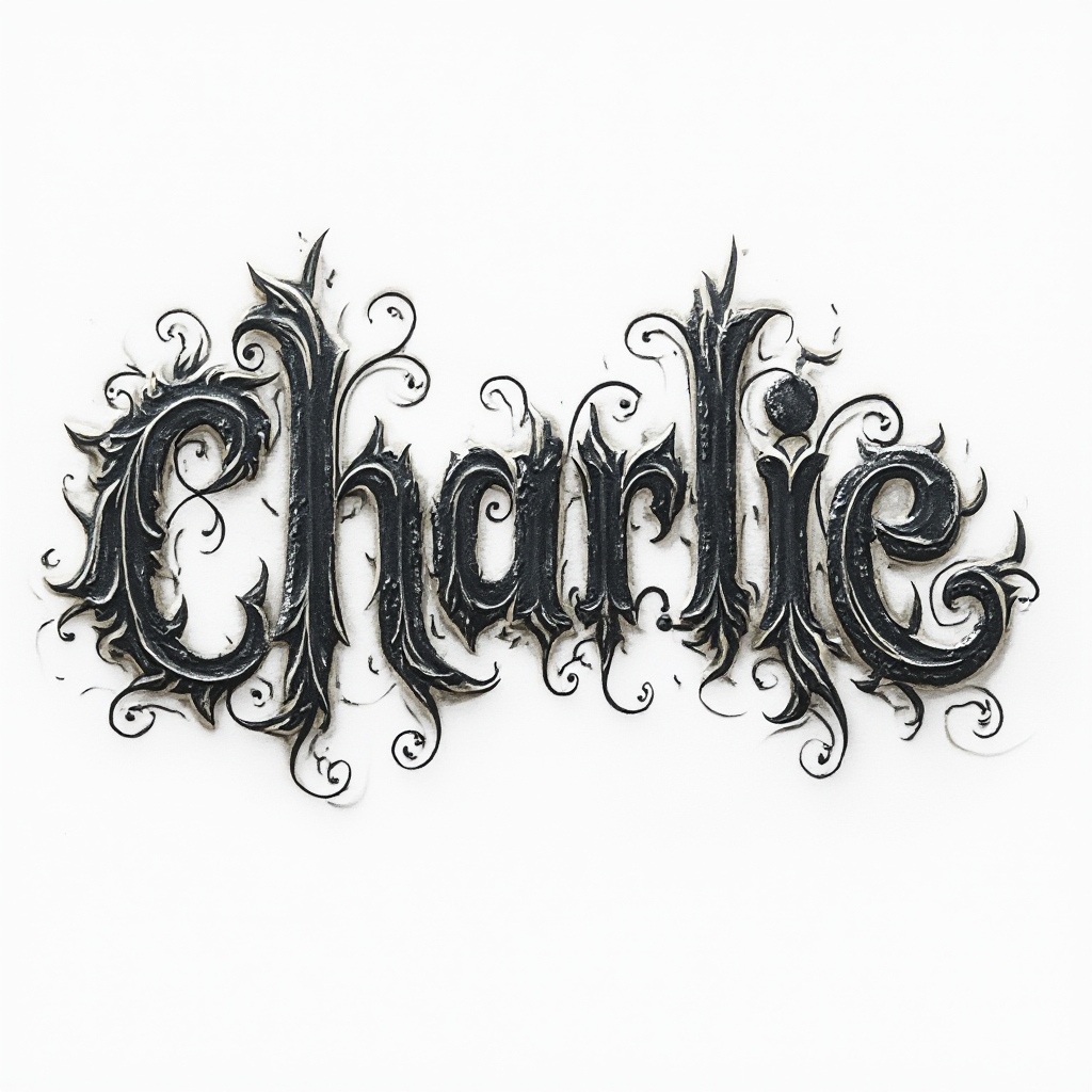 ornate textured tattoo-style lettering design of the name charlie on a white background