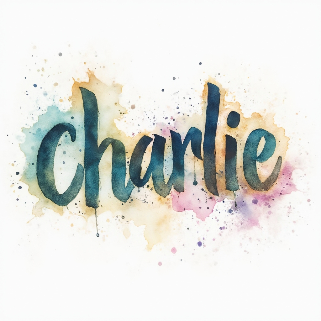 watercolor tattoo-style design of the name charlie in flowing colorful calligraphy on white background