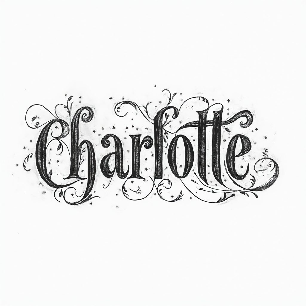 Ornamental fine-line tattoo concept of the name charlotte with intricate flourishes on a white background.