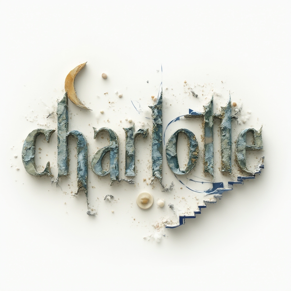 Surrealist tattoo concept of the name charlotte with letters transforming into dreamlike objects on a white background.