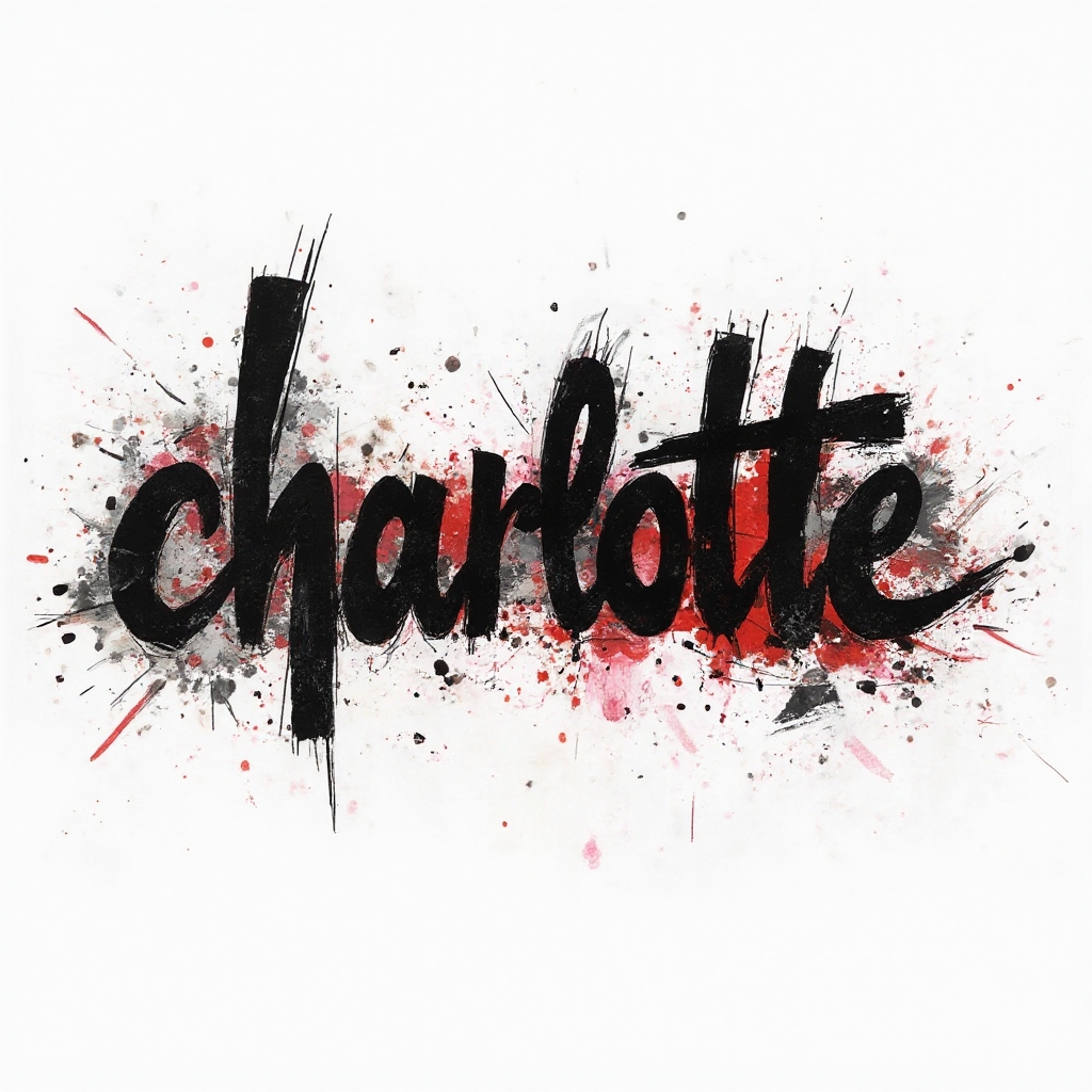 Trash Polka tattoo concept of the name charlotte with bold black and red grunge lettering on a white background.