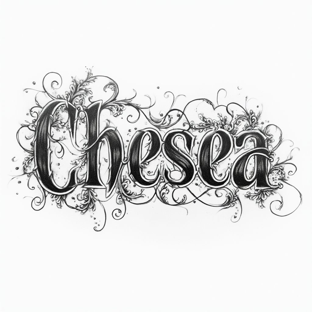 Ornamental black and grey tattoo flash of the name chelsea with filigree details on a white background