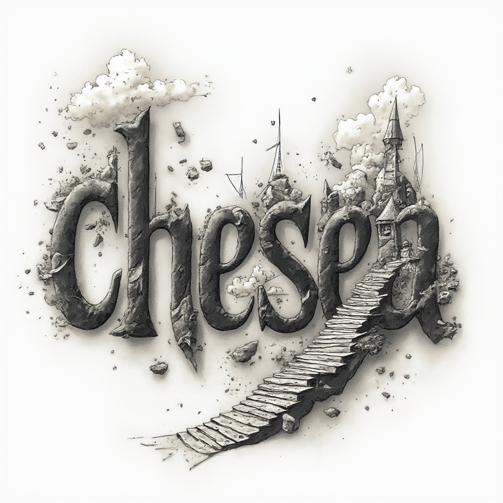 Surrealist tattoo flash of the name chelsea shaped from dreamlike objects on a white background