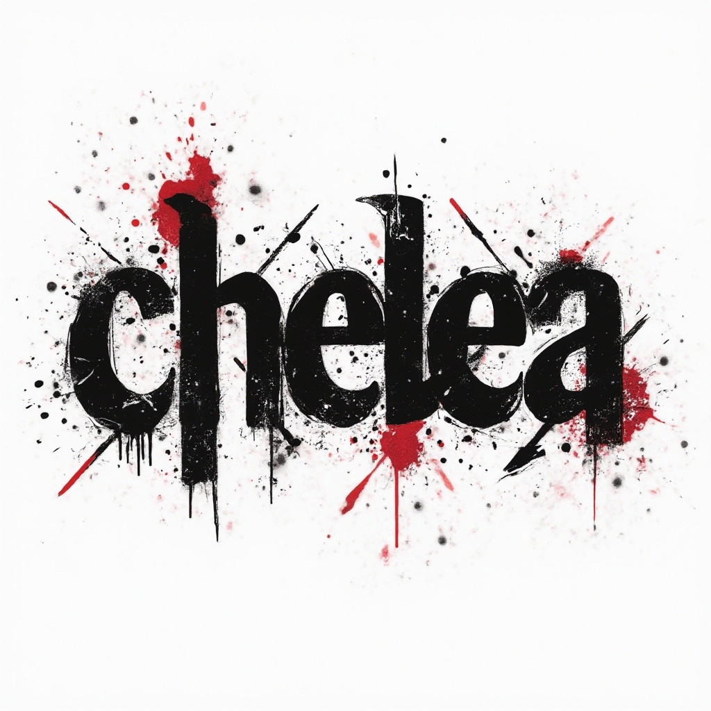 Trash Polka tattoo flash of the name chelsea in distressed black and red graphic lettering on a white background