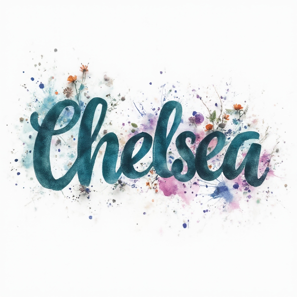 Watercolor tattoo flash of the name chelsea in flowing paint-like lettering on a white background
