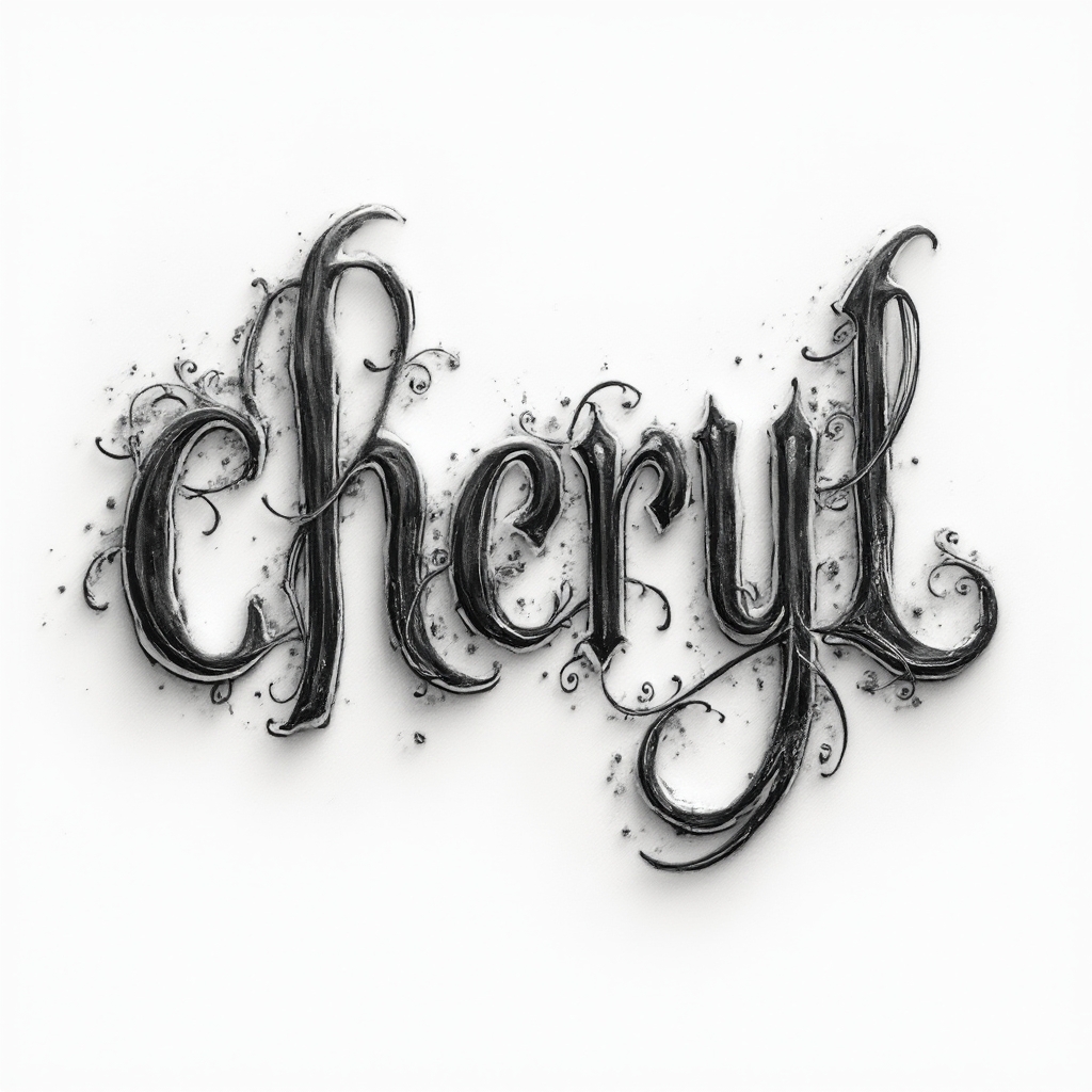 Elegant tattoo concept where the name cheryl appears as sculpted, flowing ornamental letterforms on a white background