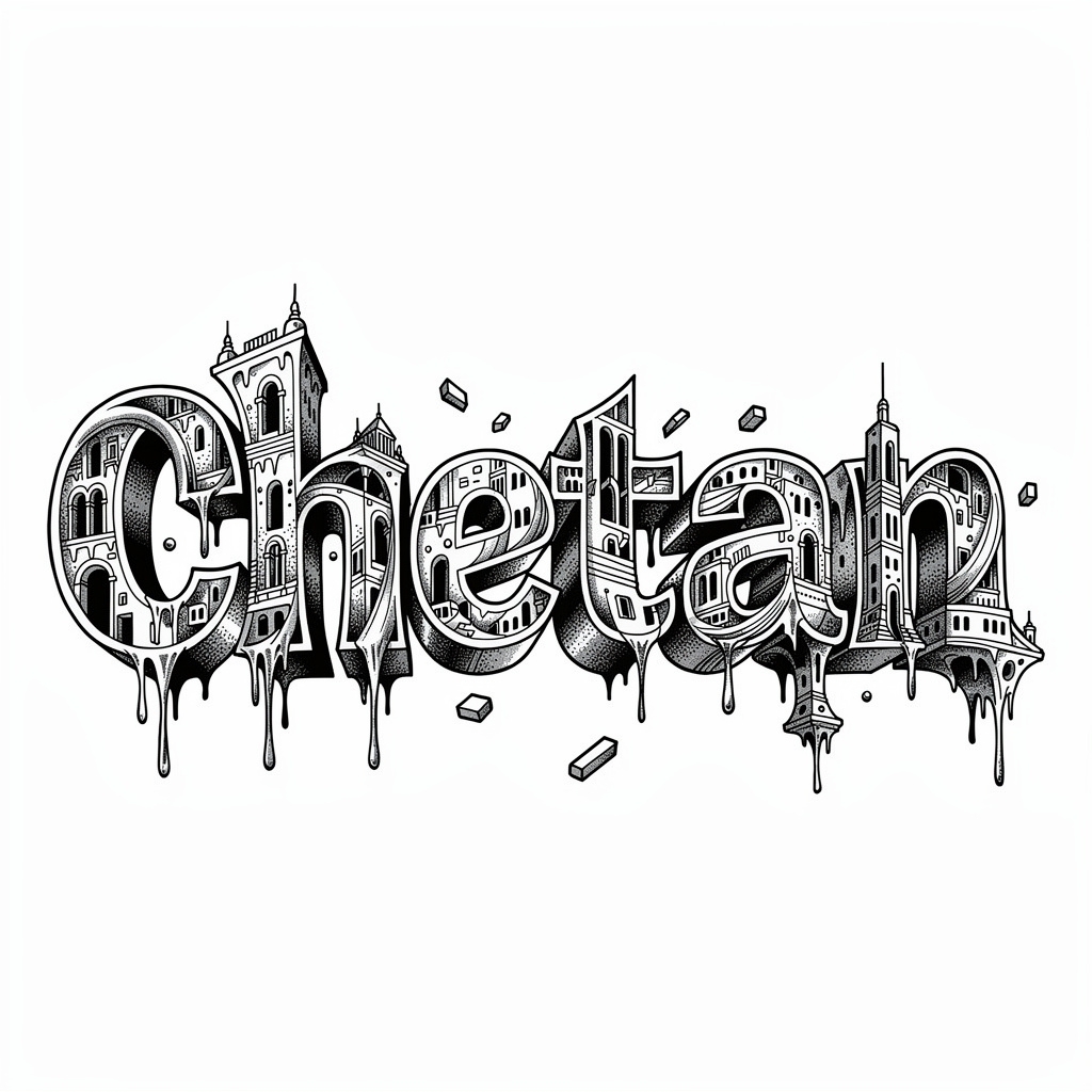 Surrealist black and gray tattoo design of the name Chetan