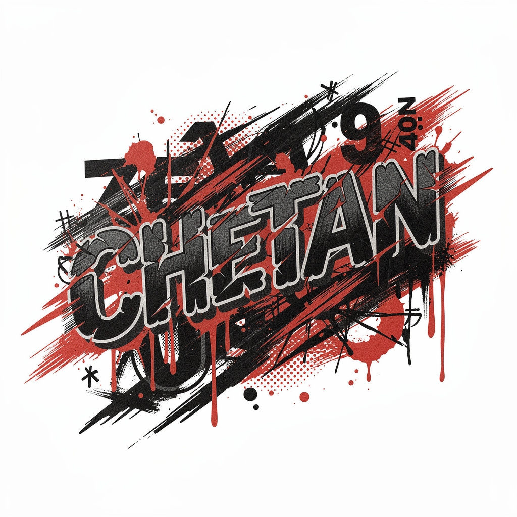 Trash Polka tattoo design of the name Chetan with black and red elements