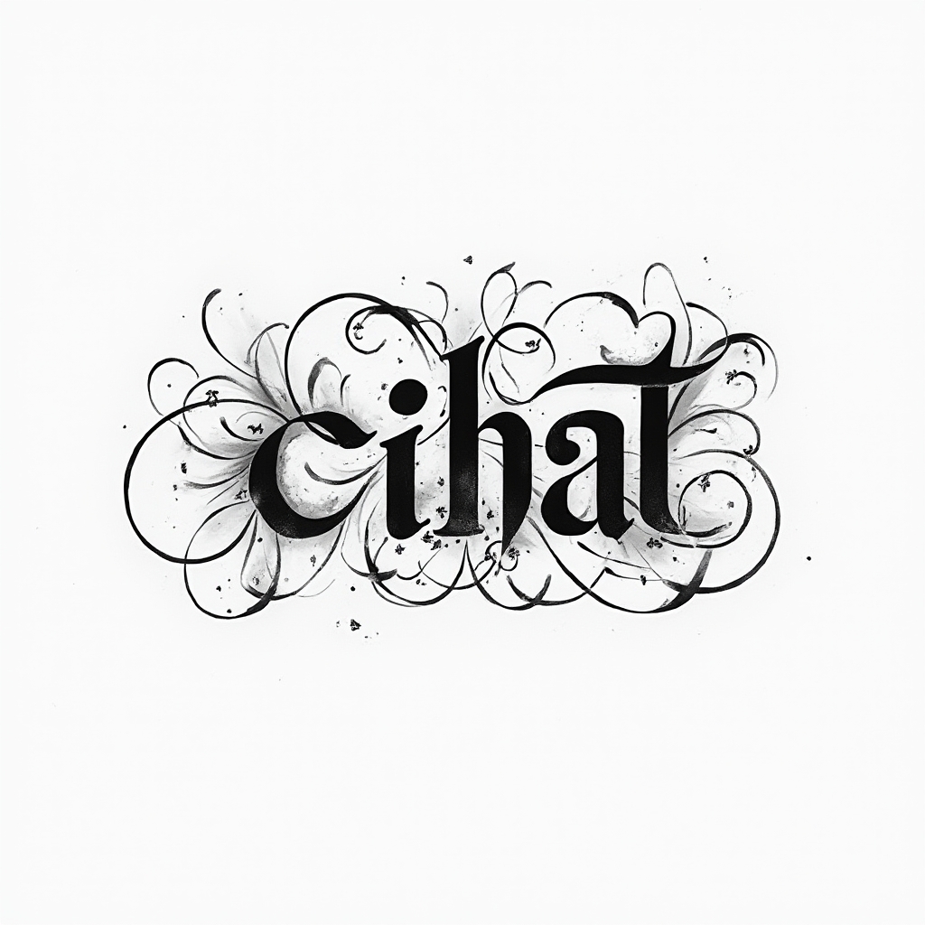 Abstract flowing black-line tattoo concept of the name cihat woven into elegant sweeping curves on a white background.