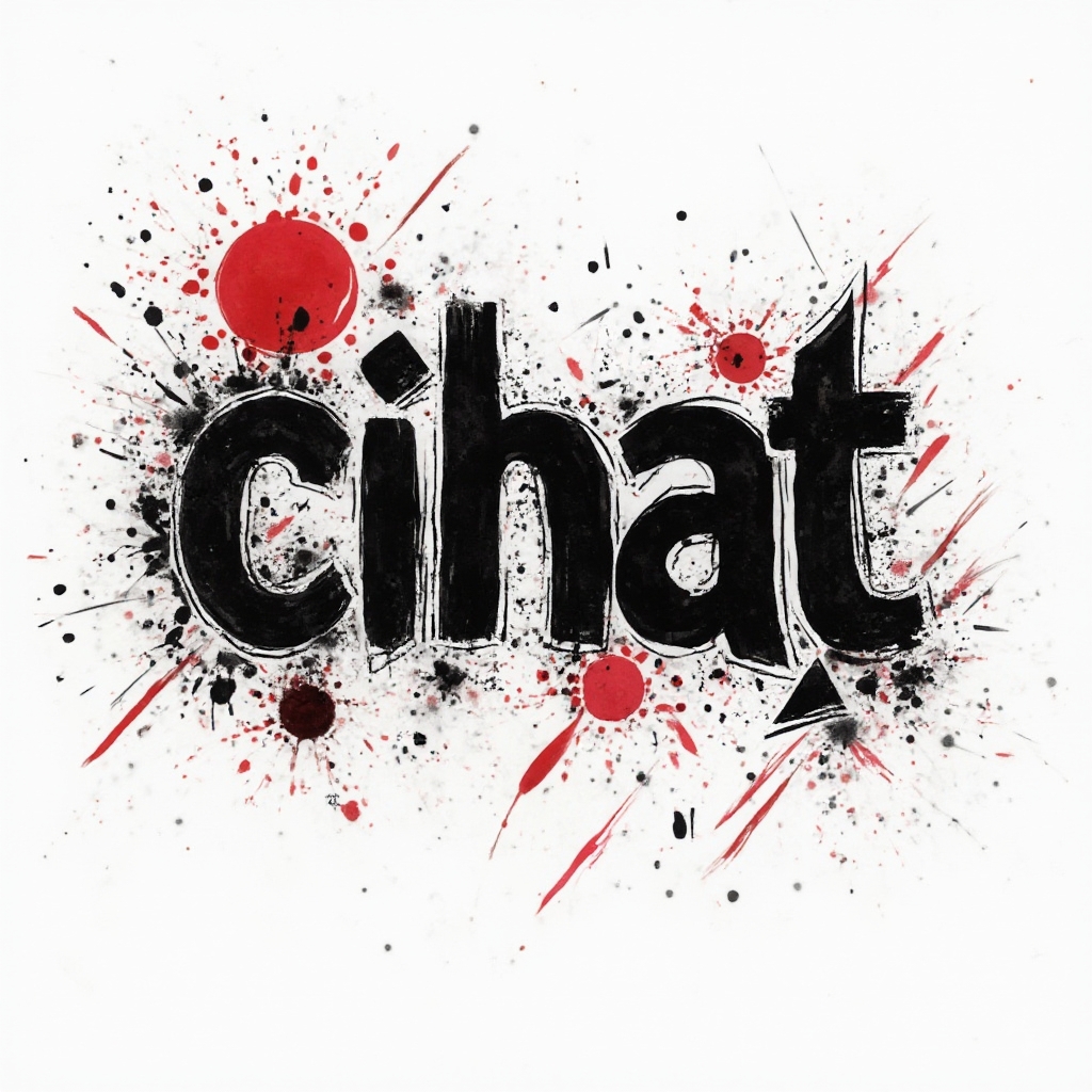 Trash Polka-style tattoo design of the name cihat with bold black lettering, red splashes, and geometric fragments on a white background.