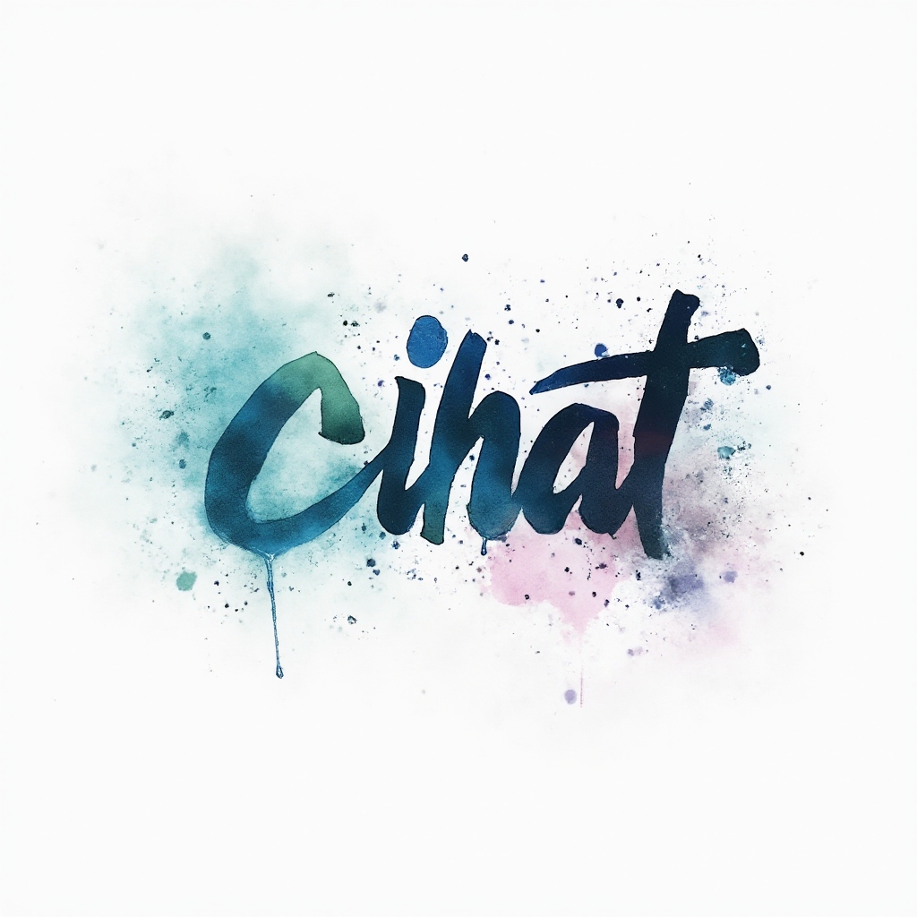Watercolor-style tattoo concept of the name cihat in flowing brushstroke lettering with colorful paint splashes on a white background.