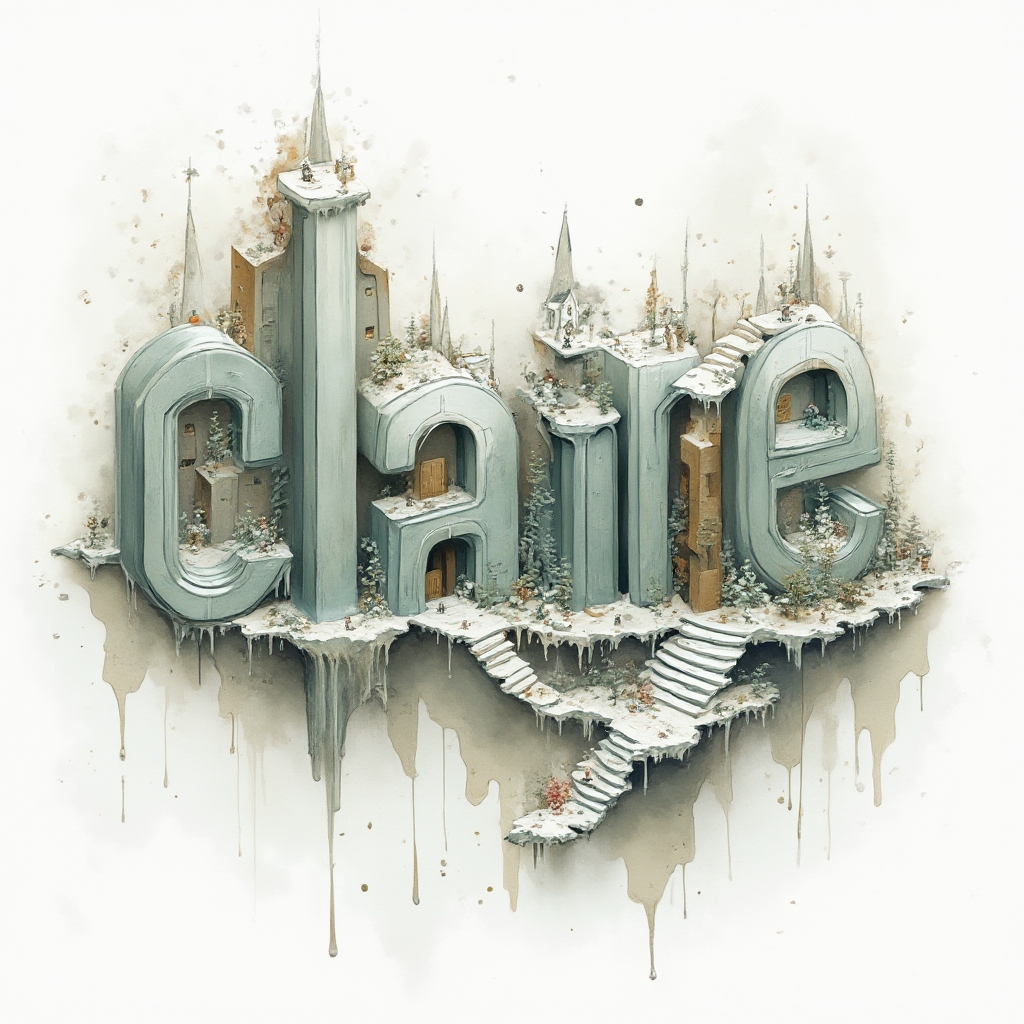 Surreal tattoo concept of the name claire forming an impossible 3D structure with floating elements on a white background.