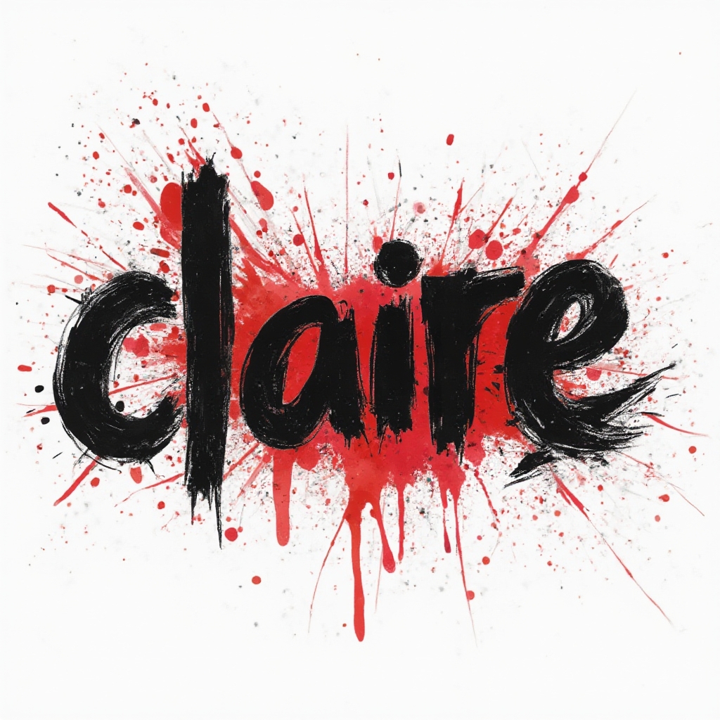 Trash Polka tattoo concept of the name claire with bold black lettering, red splashes, and grunge textures on a white background.