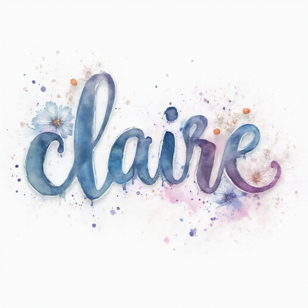 Watercolor tattoo concept of the name claire in flowing pastel script with splashes and blooms on a white background.