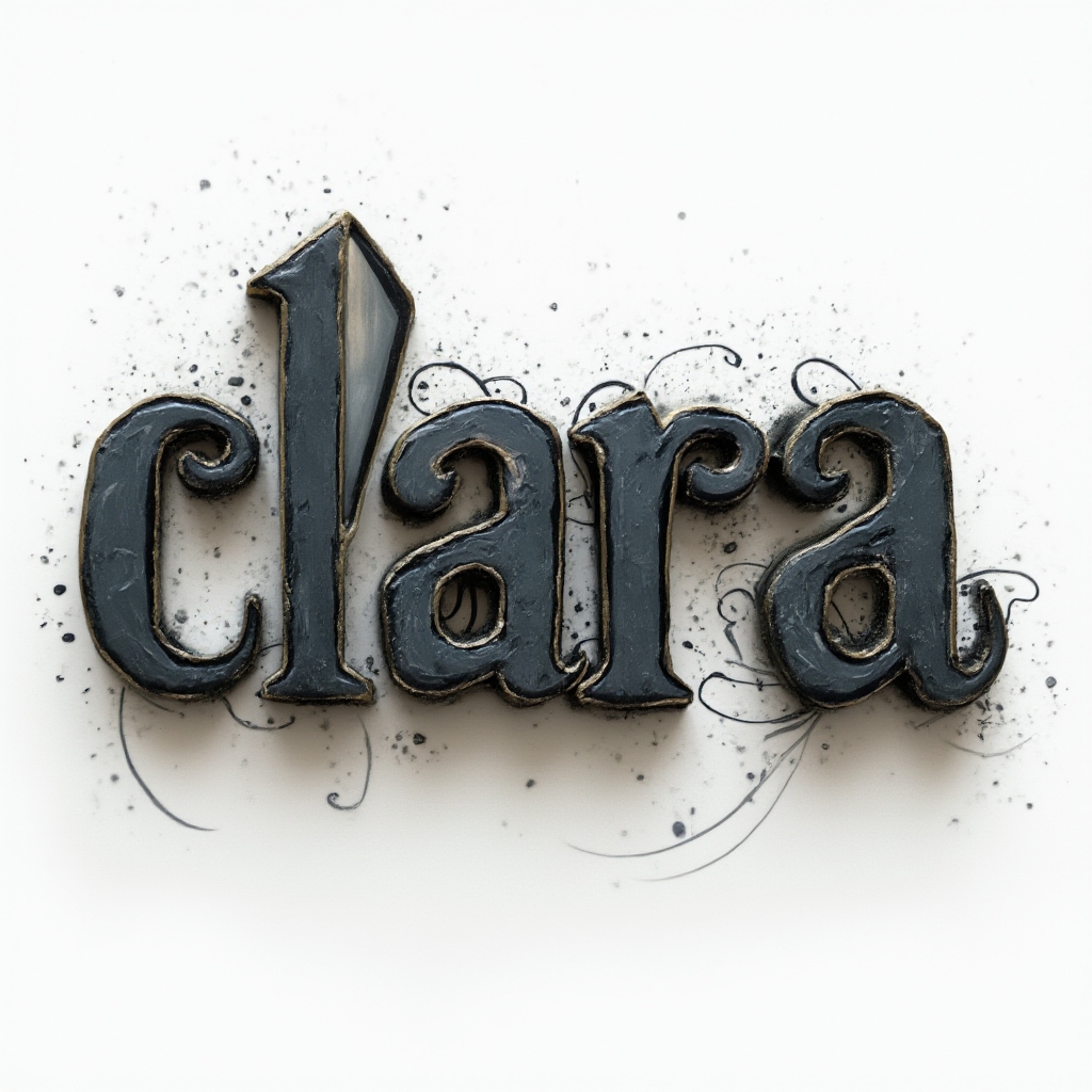 Dimensional glyph-style tattoo concept of the name clara with carved, shadowed letters on a white background.