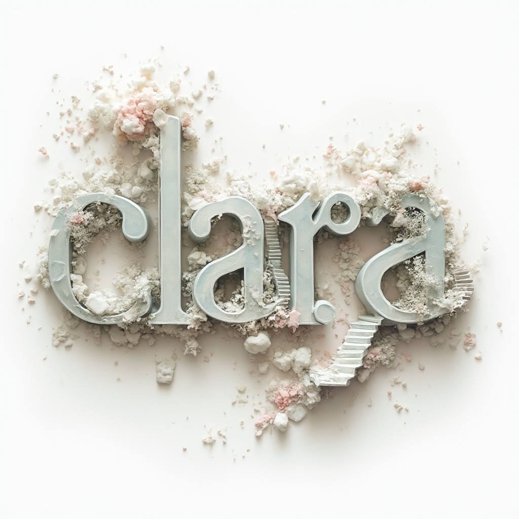 Surreal tattoo concept of the name clara transforming into floating objects and dreamlike shapes on a white background.