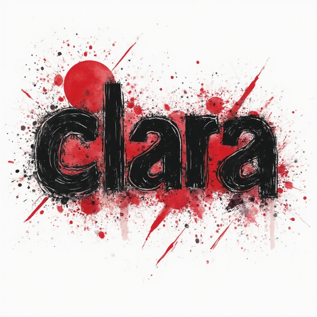 Bold Trash Polka tattoo concept of the name clara in distressed black and red graphic forms on a white background.