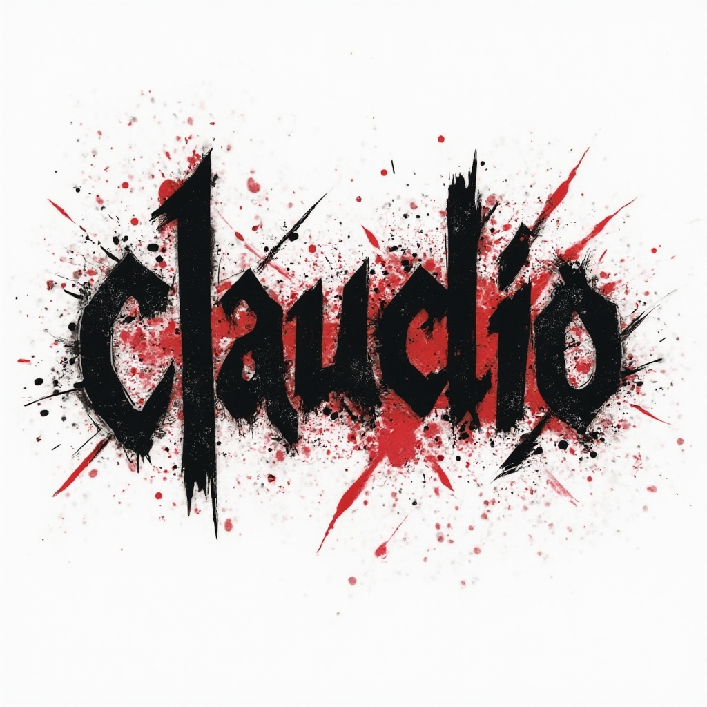 Trash Polka tattoo concept with the name claudio in black and red grunge graphics on white background