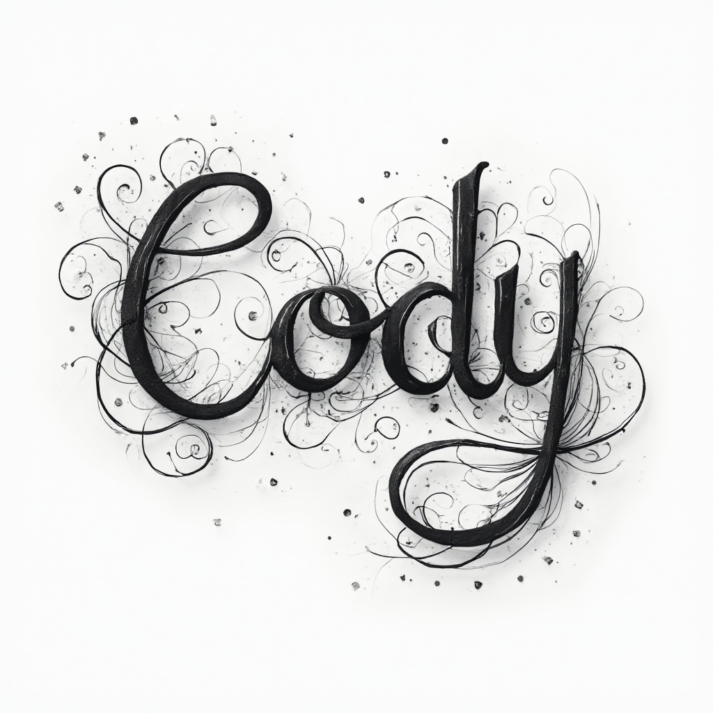 Ornamental monochrome tattoo design where the name Cody is formed by interlocking flowing lines and decorative flourishes on a white background.