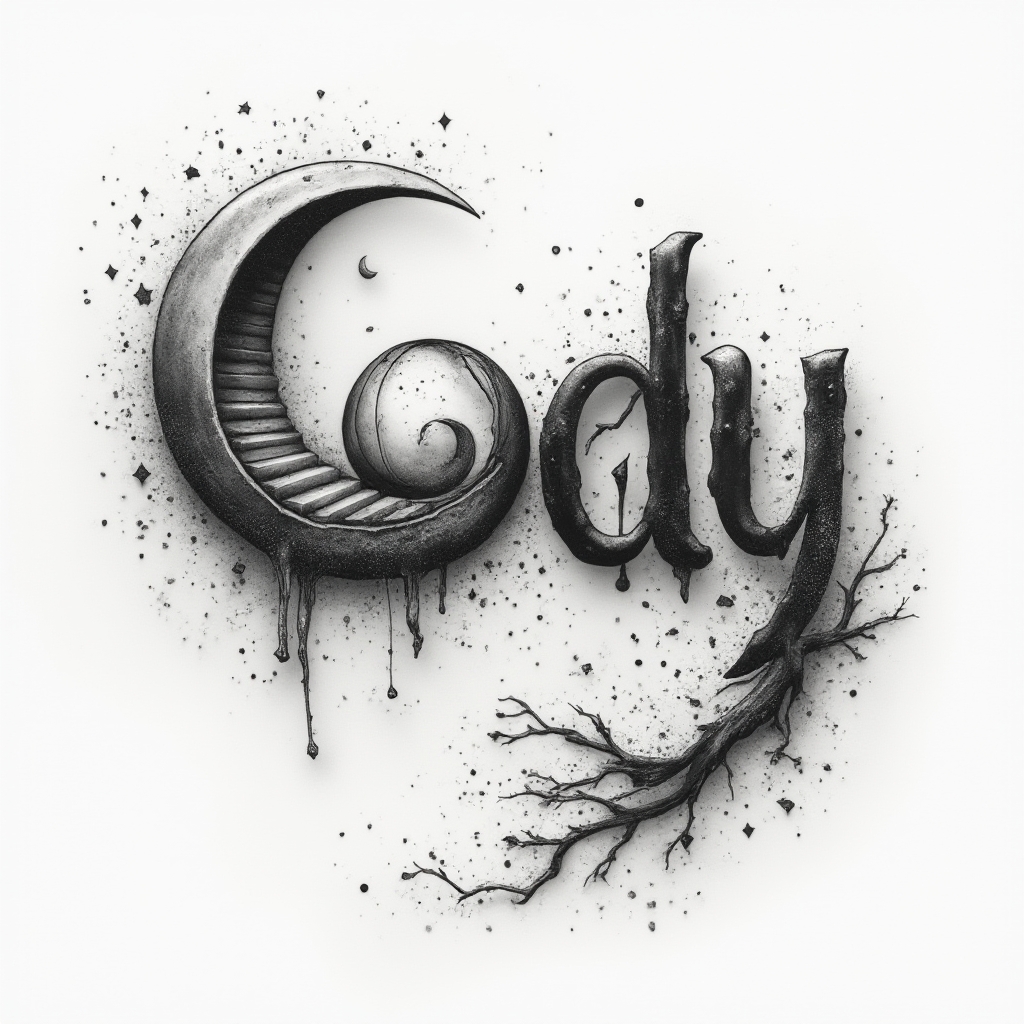 Surreal tattoo design where the letters of Cody transform into moon, glass sphere, cosmic doorway, and branching roots on a white background.