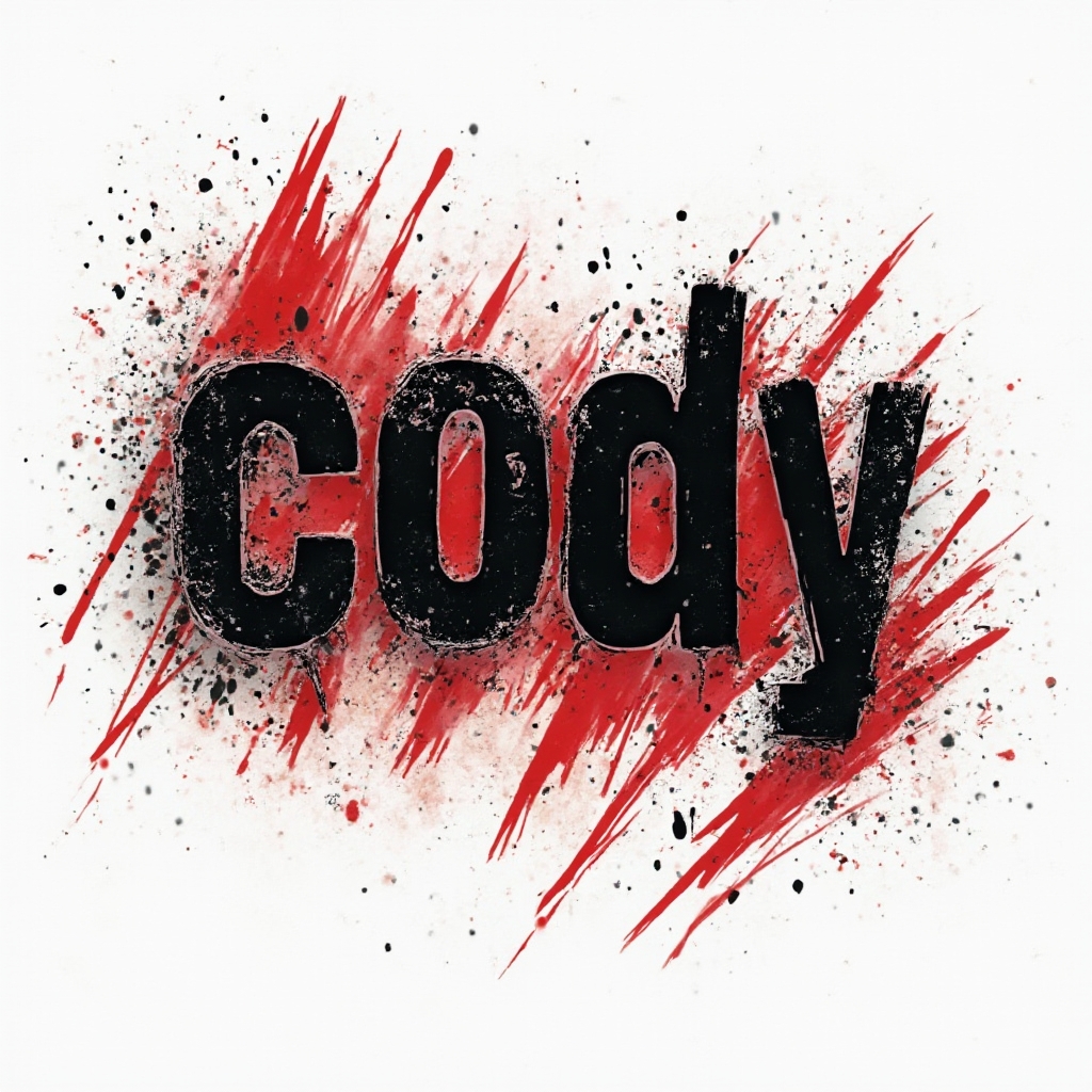 Trash Polka tattoo concept of the name Cody in distressed black forms with red streaks and splatters on a white background.