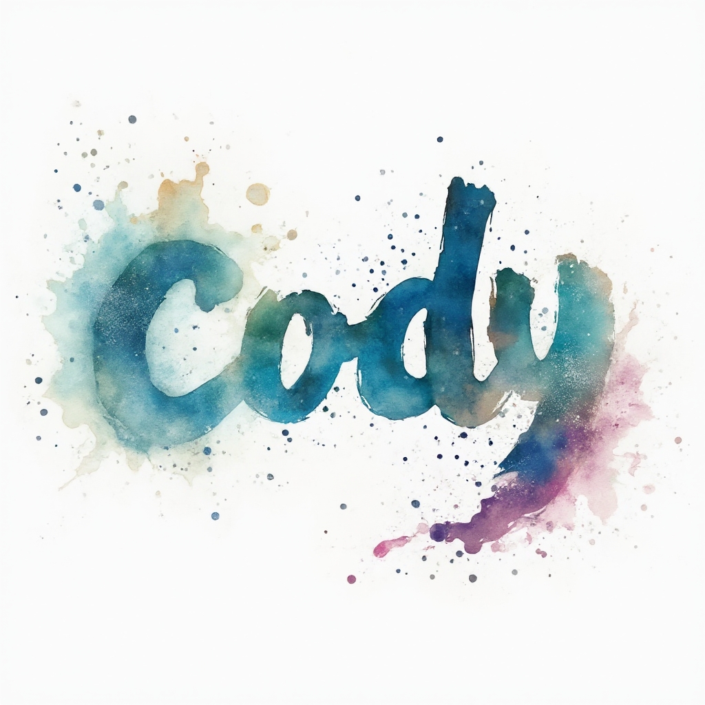 Watercolor-style tattoo design where the name Cody is painted in flowing blue and magenta watercolor strokes on a white background.
