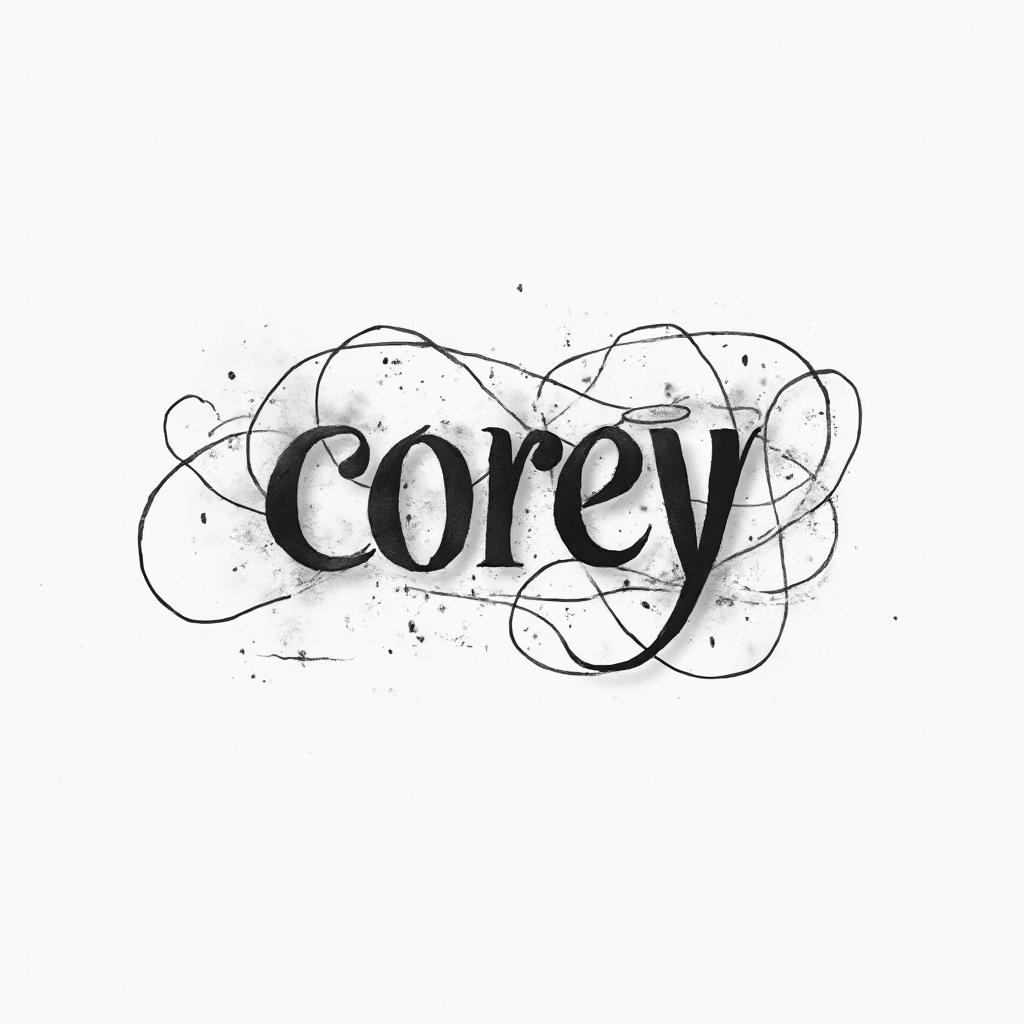 Abstract flowing line tattoo concept of the name corey in smooth continuous black curves on a white background