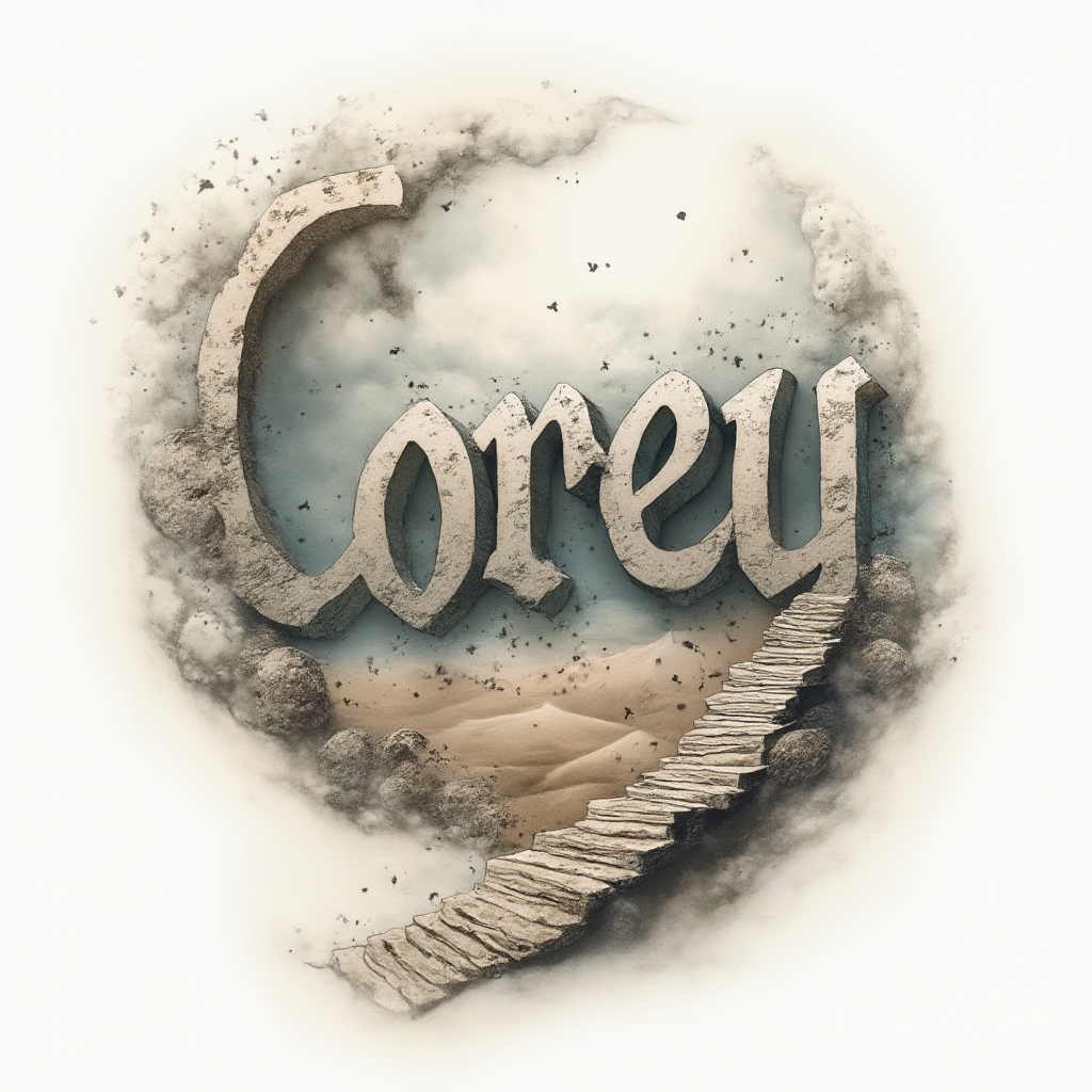 Surrealist tattoo design of the name corey transforming into dreamlike floating structures on a white background