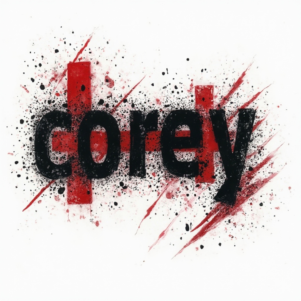 Trash Polka tattoo concept of the name corey with bold black strokes and red geometric elements on a white background