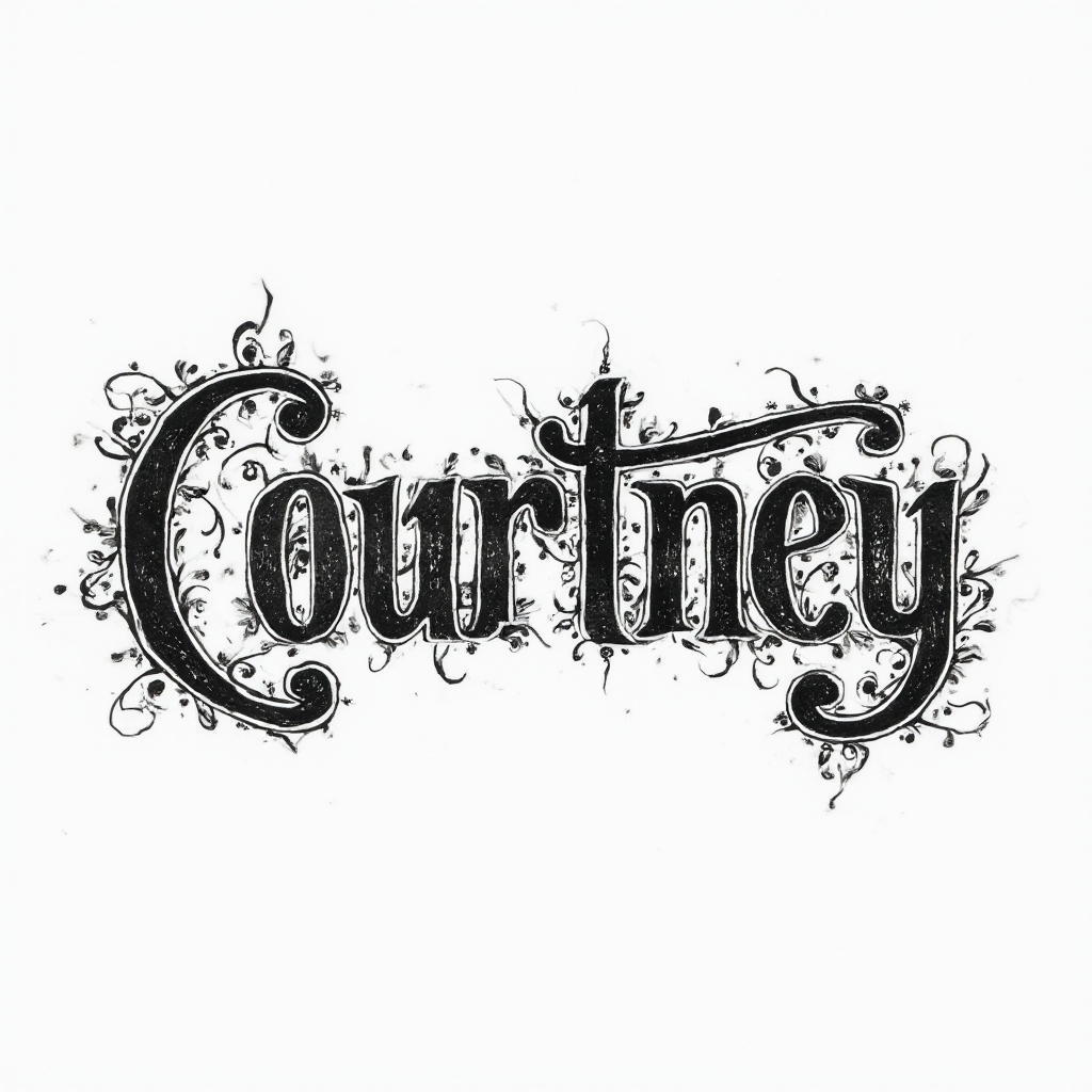 Monochrome ornamental black-ink tattoo concept forming the name courtney with intricate stylized lettering on a white background.