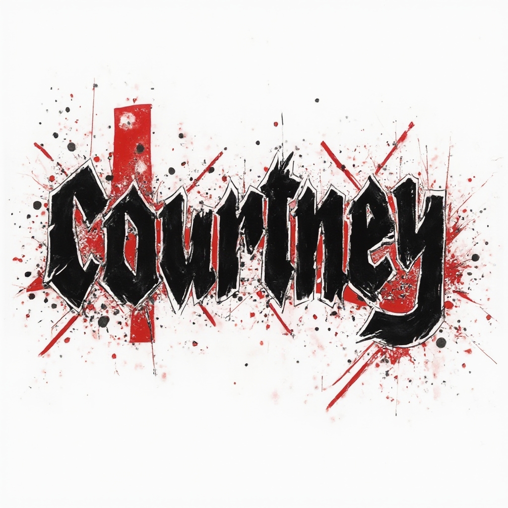 High-contrast black and red Trash Polka-style tattoo concept forming the name courtney on a white background.