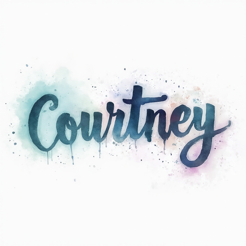 Watercolor-style tattoo concept of the name courtney painted in flowing multicolor brush strokes on a white background.