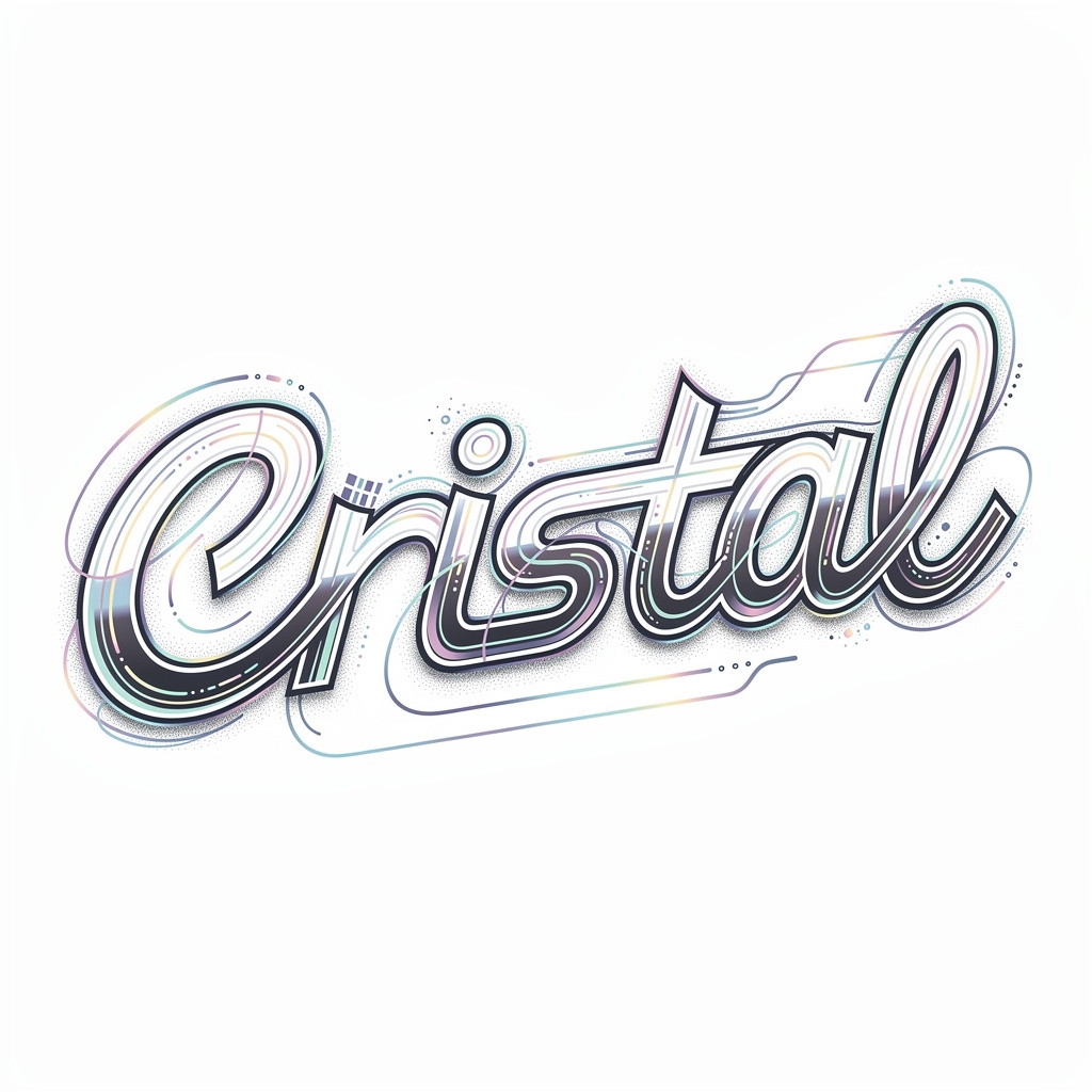 Futuristic luminous tattoo lettering of the name Cristal on white background.