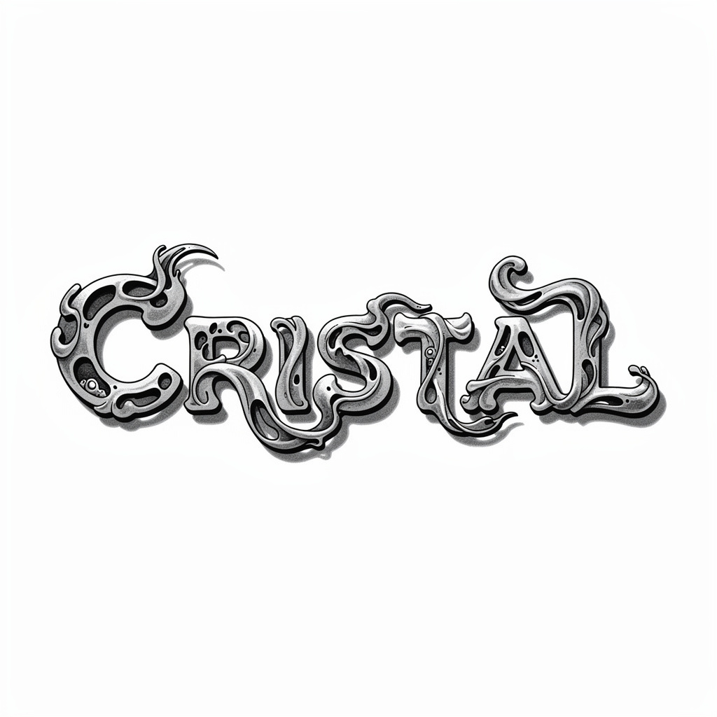 Surreal black and gray tattoo lettering of the name Cristal on white background.