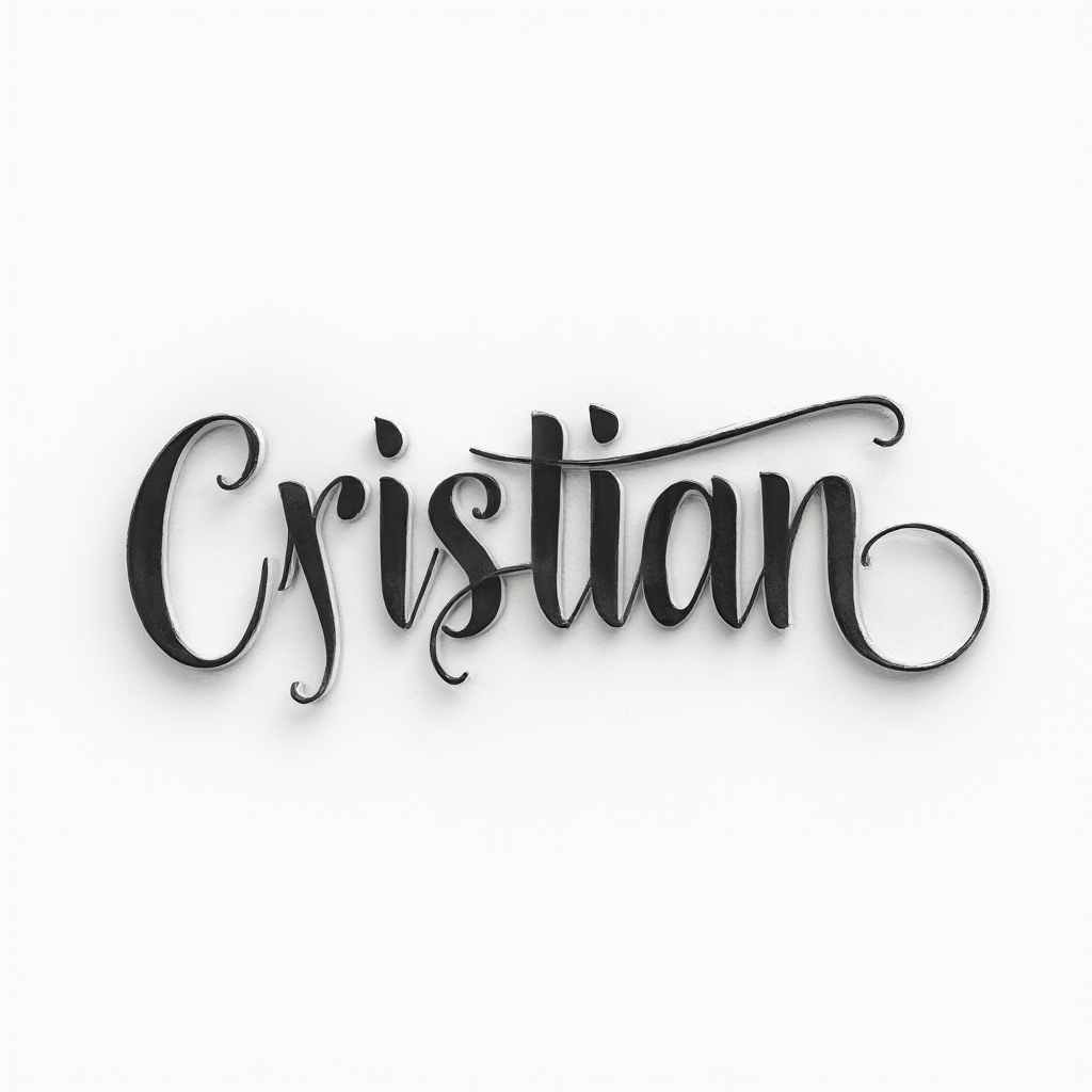 Minimal, dimensional tattoo concept where the name cristian appears in flowing, elegant lettering on a white background.
