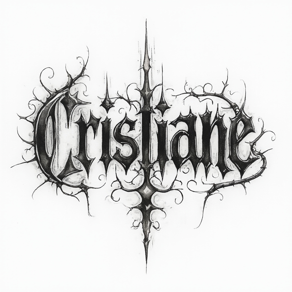 Ornate emblem-like tattoo concept of the name cristiane with intricate flowing lettering on white background