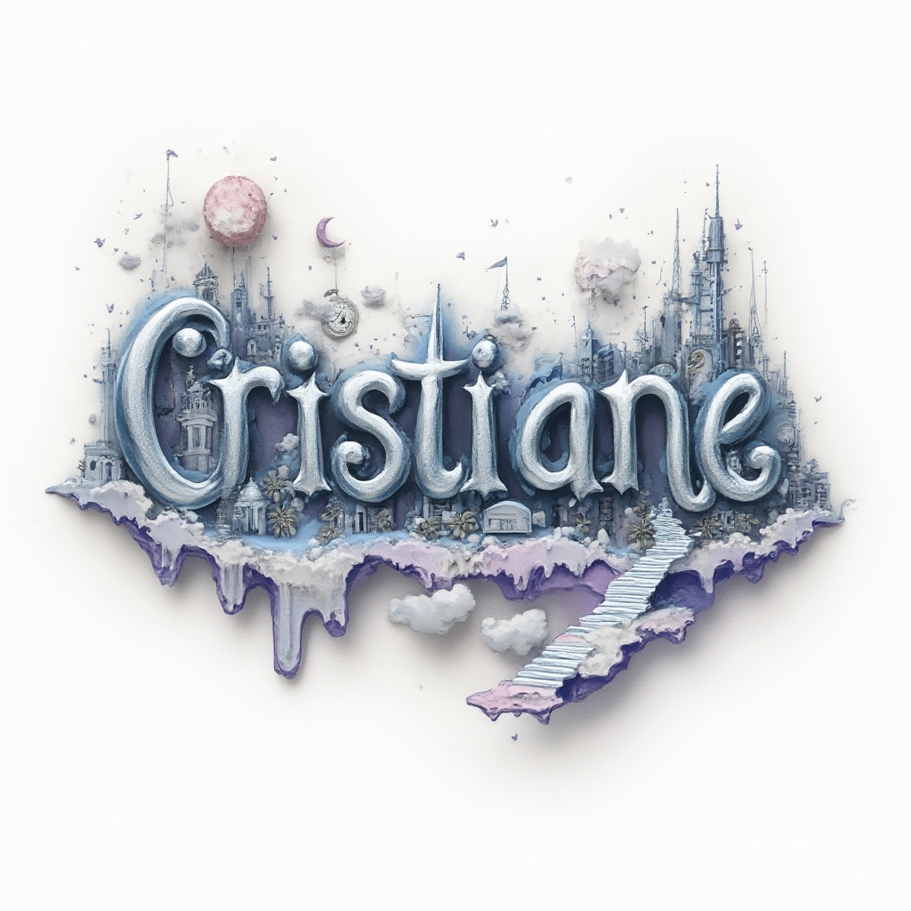 Surrealist tattoo design of the name cristiane shaped by impossible structures and dreamy elements on white background