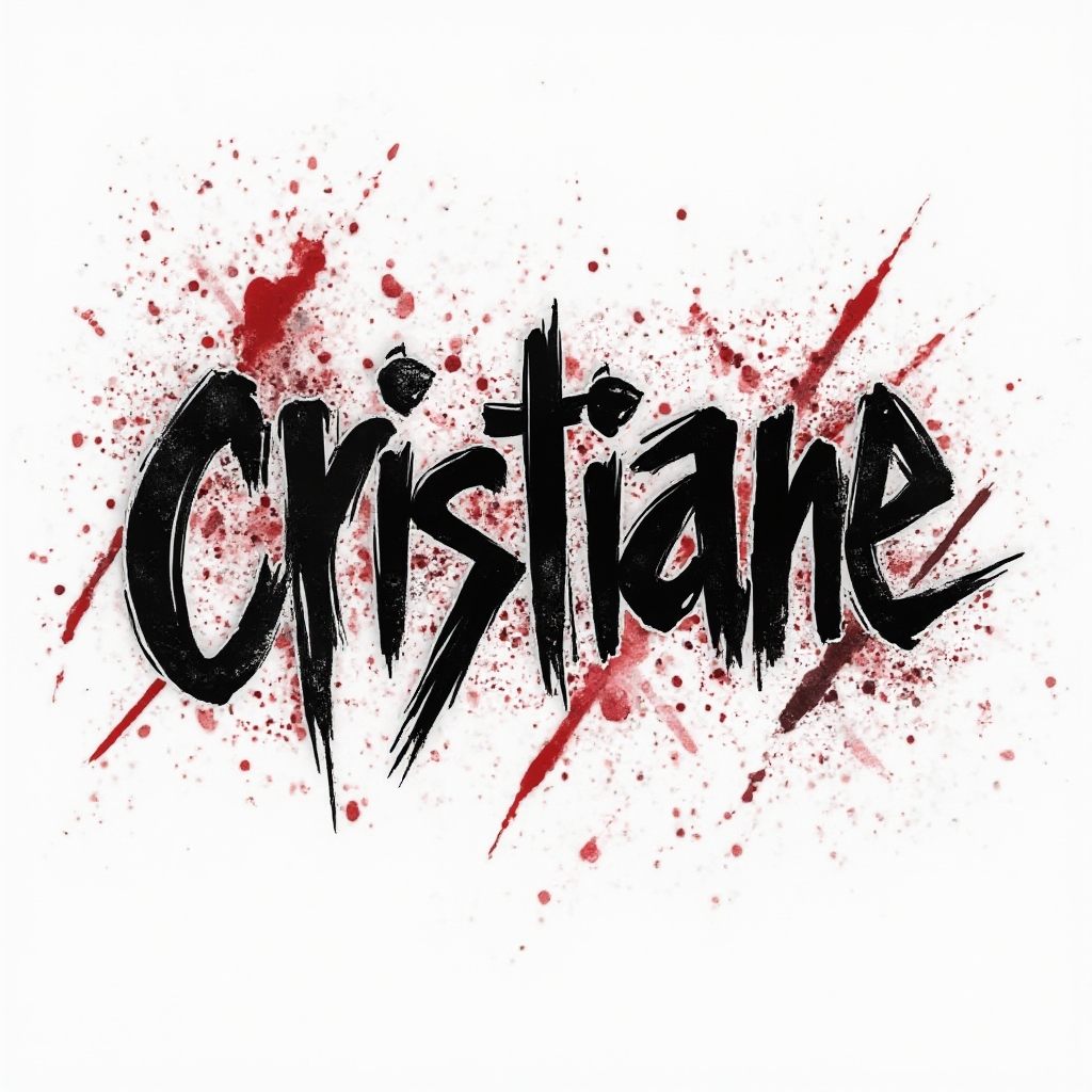 Trash Polka tattoo artwork of the name cristiane with bold black lettering and red splashes on white background