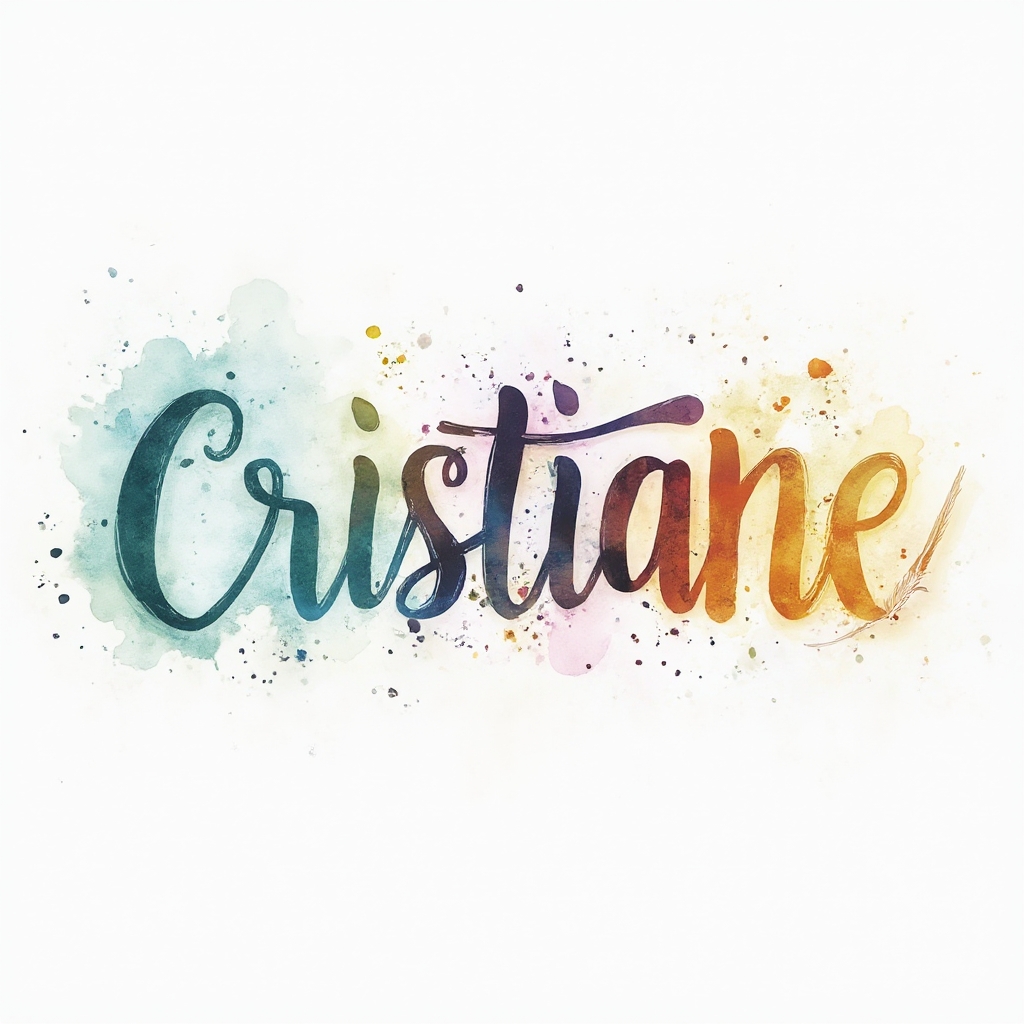 Watercolor-style tattoo concept of the name cristiane formed by colorful paint splashes on a white background