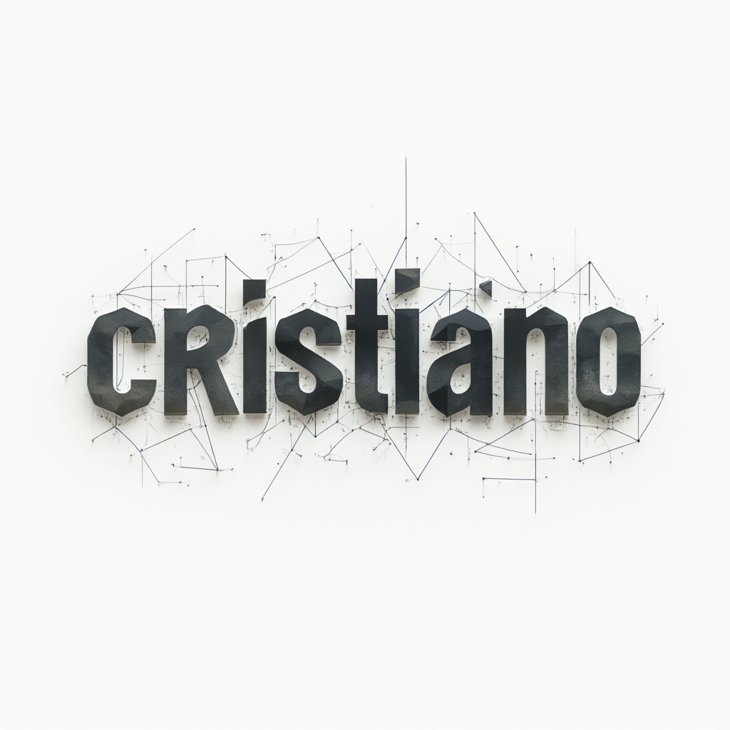 Abstract geometric tattoo concept where the name cristiano is built from intersecting lines and faceted shapes on a white background.